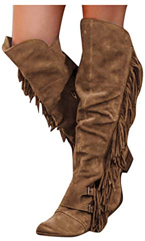 Dasongff Damen Kniestiefel Fransen Cowboy-Stiefel Fransen Klassischer Halbhohe Stiefel Mit Blockabsatz Vintage Spitz Stiefel Wildleder Kniehohe Booties
