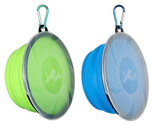 SLSON 2 Stück Hundenäpfe Faltbare Reiseschale, auslaufsichere Hundenapf mit Deckel und Haken Tragbare Silikon Trinkschale für Katzen,Hunde Wanderungen and Camping (1000ML, Blau und Grün)