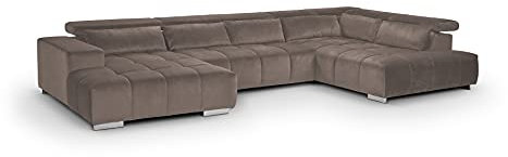 Mivano Wohnlandschaft Orion / Riesige Couch in U-Form inkl. XL-Recamiere und Kopfteilfunktion / 409 x 73 x 225 / Velours, Grau