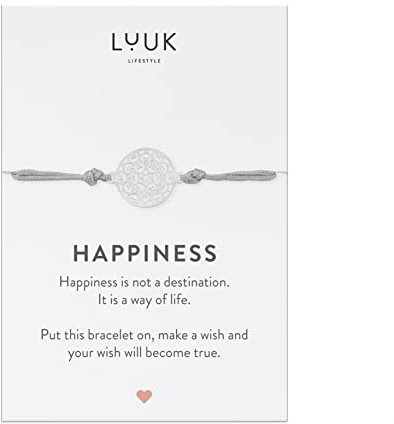 LUUK LIFESTYLE Filigranes Armband mit Blumen Anhänger und HAPPINESS Karte, Geschenk für Freundinnen, handgefertigt, modernes Modeaccessoire, Trendiges Look, Reiseglücksbringer, Silber