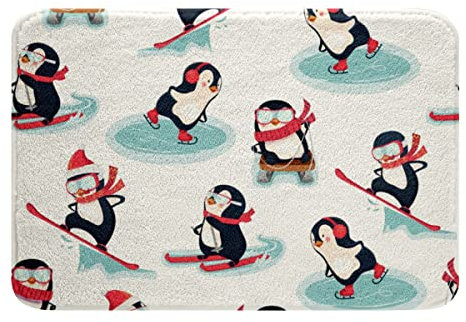 Netter Pinguin Badteppich rutschfest 16 X 24,Surfen Skating Ski Saugfähige Badematte Für Badezimmer,Tiersport Fleece Fußmatte Für Kinder Schlafzimmer Winter Warmer Bereich Teppich Wohnkultur