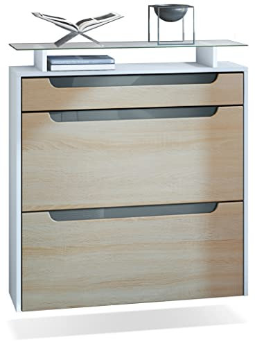 Vladon Schuhschrank Annie, Schuhkipper für 16 Paar Schuhe mit 2 Klappen, 1 Schublade und Glasablage, Weiß matt/Eiche sägerau, Griffmulden in Grau Hochglanz (89 x 96 x 23 cm)