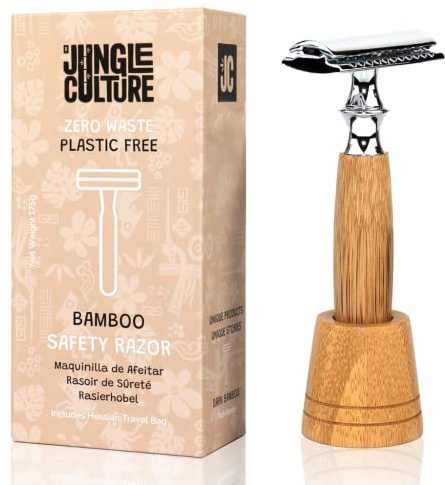Jungle Culture® Bamboo Safety Razor for Men & Women with STAND • Premium Eco Friendly Razor & Travel Bag • Fits Double Edge Razor Blades • Single Blade Reusable Razor • Plastic Free Zero Waste • Light