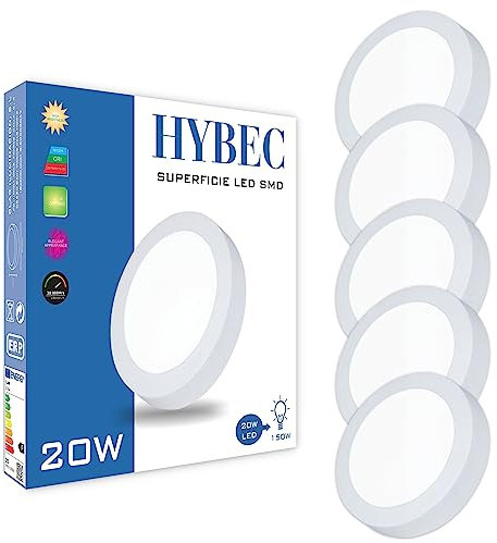 HYBEC - Downlight LED Techo Superficie 20W, Plafon LED Techo cocina, Plafon led techo baño, Plafon LED Techo, Blanco Frío 6500Kº (Pack 5)