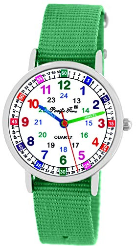 Pacific Time Kinder Armbanduhr Mädchen Jungen Uhr Kids Lernuhr grün Textil Wechselarmband analog Quarz 10903