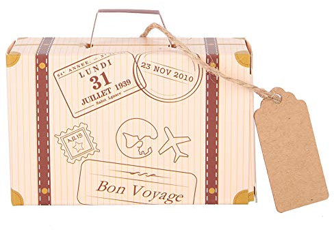 50 Stück Koffer-Geschenkboxen, Mini-Koffer-Geschenkbox Party Favor Candy Box Vintage Kraftpapier mit Tags und Juteschnur für Hochzeit, Reise, Mottoparty, Brautparty, Dekoration