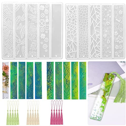 Lot de 2 moules rectangulaires en résine époxy avec 10 motifs différents pour marque-page avec 15 pompons colorés pour la fabrication de marque-pages, de bijoux, loisirs créatifs