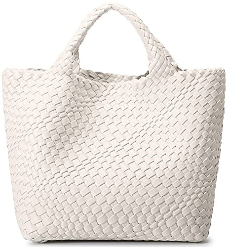 JQTOP Gewebte Tasche für Damen, veganes Leder, Tragetasche, groß, Sommer, Strand, Reisen, Handtasche und Geldbörse, Retro, handgefertigte Umhängetasche, cremeweiß, L