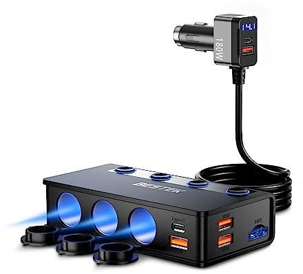 BESTEK 180W Cigarette Lighter Splitter, 3-Socket Car Cigarette Lighter with PD36W/65W and QC3.0 18W Ports, Cigarette Lighter Adapter, LED Voltage Display for Dash Cam, GPS, iPad/Laptop/Phone