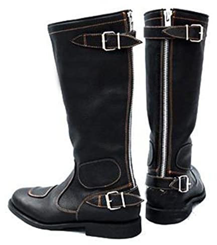 USUWE Retro stivali moto, stivali alti barili, stivali da equitazione in similpelle PU, stivali in pelle impermeabile per uomo e donna, 35-48(nero,45)