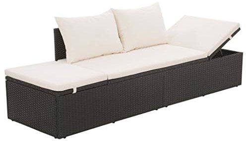 vidaXL Outdoor Lounge Bett, Gartenbett mit Polster Kissen, Sonnenliege für Außenbereich, Sonnenbett Gartenliege Gartenbank, Poly Rattan Schwarz