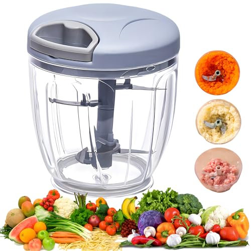 kKNE Picadora de Alimentos, Picadora Manual, Trituradora de Alimentos Fácil de Limpiar y Segura, 900 ml, 5 Cuchillas de acero,Picadora de Verduras Rápida para Verduras, Frutas y Nueces