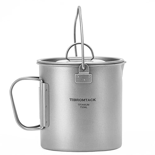 TIBROMTACK Tasse de camping en titane de 750 ml avec couvercle et poignée pliable, pot portable ultraléger pour voyage, randonnée, pique-nique, cuisine avec sac en maille