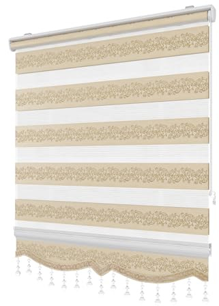 PlisseeOnline Doppelrollo Klemmfix ohne Bohren Gold Silber mit Muster und Perlen Duo Rollo für Fenster und Türen Plissee Rollo Gardine 60 x 150 cm Blickdicht Klemmrollo mit Perlen Seitenzugrollo