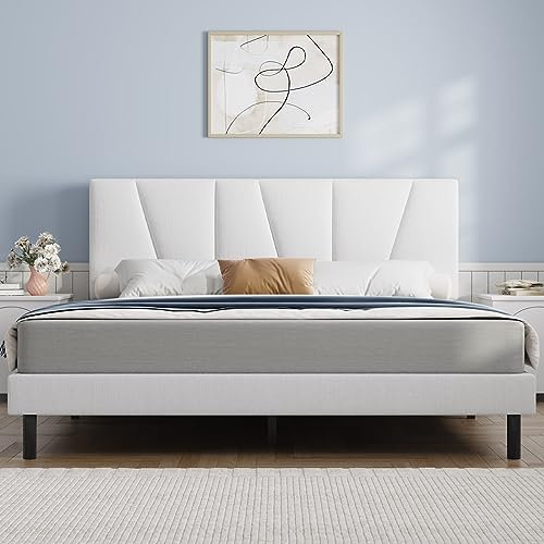 Molblly Polsterbett 90 x 200 cm Bettgestell Einzelbett Doppelbett Designbett mit Lattenrost Holzlattenunterstützung Kopfteil in Weiß, Bettrahmen 90x200