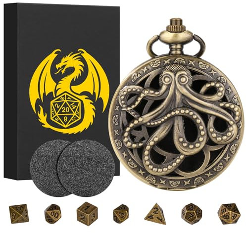 Mini DND Würfel Set Steampunk Hohl Oktopus Taschenuhr Schale Hülle, 7-teilige Polyedrische Metall D&D Würfelset, DND Geschenke mit Geschenkbox, Rollenspiele-Brettspielzubehör Würfel, Bronze