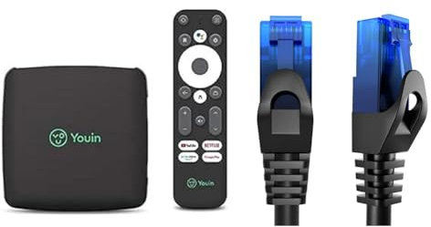 Engel Youin You-Box EN1040KX- TV Box Android TV 4K UHD - Asistente de Google y Chromecast Integrado - Producto Exclusivo, Negro & KabelDirekt – 1,5m – Cable de Ethernet y Cable de Parche/de Red