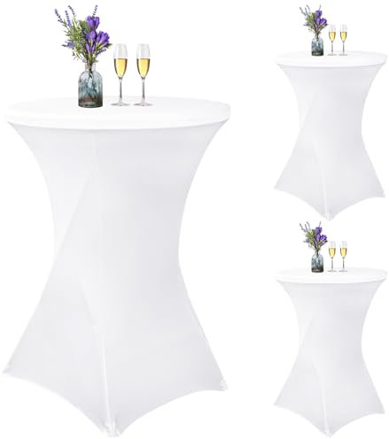 3 Stück Stretch Stehtisch Husse für Bistrotische Ø 80-85 cm, Wasserdicht Spandex Stretch Tischdecke, Verstärkung im Fußbereich, für Stehtische und Bistrotische (weiß, 80 x 110 cm)