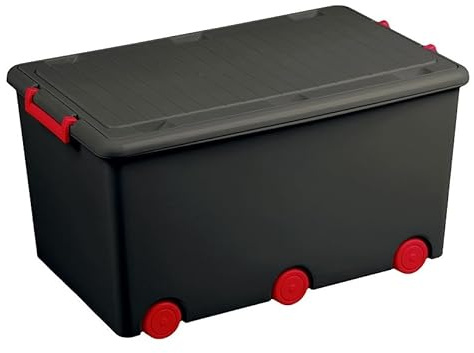 BDW Aufbewahrungsbox mit Deckel - Kiste für Kinderzimmer, Kindergarderobe, Sortierbox - Spielzeug Aufbewahrung, Spielzeugkiste, Box 60 L - 57 x 36 x 29 cm - Kunststoff - Schwarz/Rot
