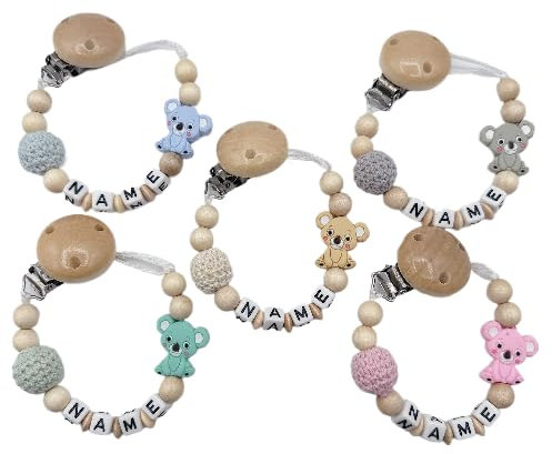 personalisierte Kette mit Namen Schnulliband für Mädchen oder Junge Baby Geschenk personalisiert zur Geburt & Taufe Große Farbauswahl süßer Koala