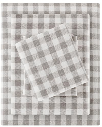 Sleep Philosophy True North - Sábanas de franela 100 % algodón, acogedor, pesado, cepillado para mayor suavidad, ropa de cama cálida con estampado, tamaño individual, 3 piezas, cuadros espiga gris