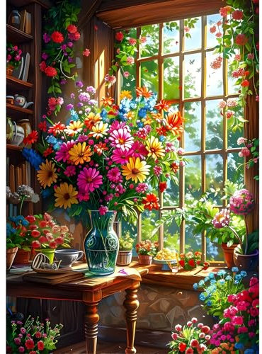 GDYEEH 5D Bunte Blumen Diamant Painting Pictures, DIY Garten Diamant Art Painting Kits, Fenster Diamond Painting Set for Adults Anfänger, Diamond Painting Art by Numbers for Home Decor 30x40cm