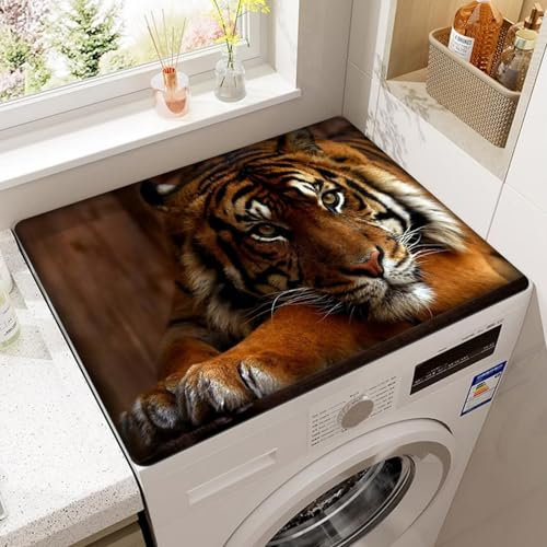Xisnuient DustProof-Matte,Waschmaschine Trockner Kühlschrank Mikrowelle Abdeckungen,Abtropfmatte Küche,Kaffeetischunterlage,Absorbierende Tischdecke,Bad Teppiche,Tier Druck (Brauner Tiger,50x50 cm)