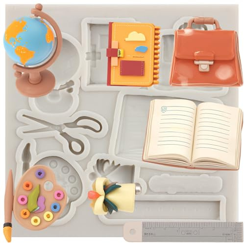 MINFEIDMS Moules en silicone pour la rentrée scolaire, règle, ciseaux, stylo, palette, sac à livres, moules pour décoration de gâteaux, décoration de cupcakes, pâte à sucre, pâte à sucre, argile