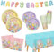 Happy Easter Supplies Kit for 25 Guests - for Easter Rabbit Decorations, Includes Dinner & Dessert Plates, Napkins, Cups, Banner and Tablecloth for Happy Easter Party Decorations