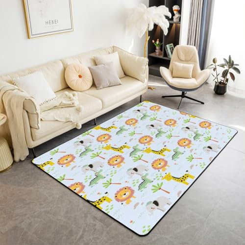Loussiesd Zoo Tier Teppich 100x150cm Löwe Nette Wildlife Wohnzimmerteppich Kawaii Giraffe Outdoor Teppich Super Weich Elefant Afrika Safari Blau Wetterfest Küchenteppich
