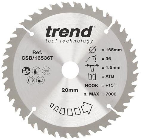 Trend Wood Circular Saw Blade, 165mm x 30mm, 36T, TCT, Medium Finish | For Clean Wood Cutting With 36 Teeth, 2.4mm Kerf And +10° Hook For Smooth Medium-Finish Results, CSB/16536