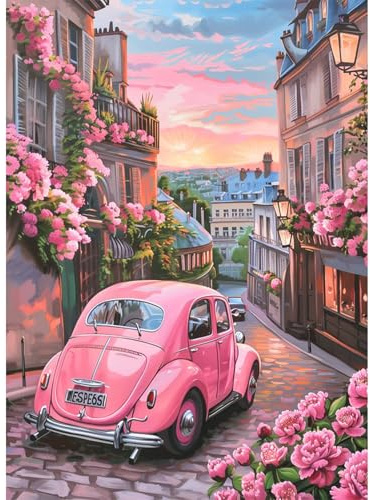 JATOK Diamond Painting Erwachsene, Rosa Auto, 30 x 40 cm, runden Steinen | Diamant Painting Bilder,Klebeleinwand mit komplettem Werkzeug; einfacher Einstieg für Anfänger und glitzernde Wanddeko.