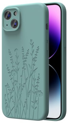 OAOA Magnetic Engraved Case Compatible with iPhone 13 Case, Compatible with Magsafe, Camera All-Round Protection, Slim Liquid Silicone Phone Case for Women Girls, Midnight Green Flower