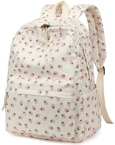 LEDAOU Rucksack für Teenager Mädchen Schulrucksack große Büchertaschen Grundschule High School Cord leichte Laptop-Taschen für Mädchen Frauen Casual Travel Daypacks (Cord Rosa weiße erdbeeren)