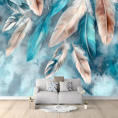 WHUOEUCO 3D Effekt Fototapete Böhmische Feder Blau 200x140 cm Vliestapete Foto Tapete Wandbild Motivtapete, Moderne Schlafzimmer Wohnzimmer Kinderzimmer Wandtapete