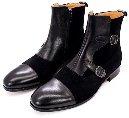 ETZRYSYB Stivali da uomo Stivali alti da uomo in pelle scamosciata fibbia fibbia cerniera cinturino manuale scarpe da uomo stivali da moto da uomo, nero, 39.5 EU