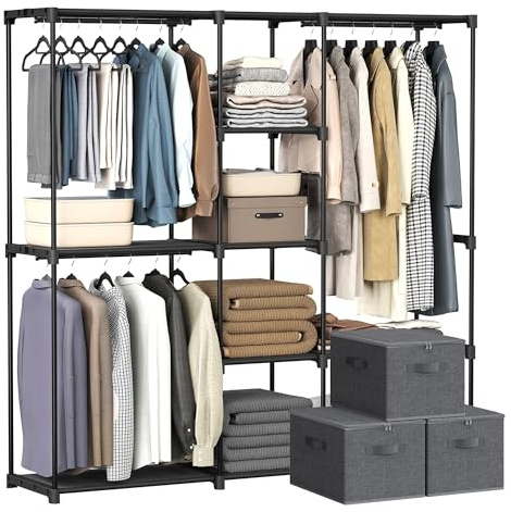 SONGMICS Kleiderschrank 3er Aufbewahrungsbox Set, Kleiderständer mit Kleiderstangen und Stoffablagen, Faltbare Stoffbox mit Griffen, offener Stoffschrank, schwarz und grau RYB037B01