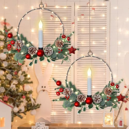 Weldomcor 2 Pack Christmas Wreaths for Front Door, 15.7 Inch Christmas Door Wreath with LED Taper Candles Lights, Xmas Winter Wreath for Window Fireplace Porch Wall Hanging Home Christmas Decoration