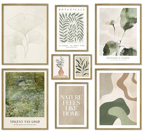 ARTFAVES® Poster Set - BOTANICA VERDE - mehrteilige Wanddeko Wohnzimmer & Schlafzimmer - 8 moderne Wandbilder natur, beige, grün, grün-beige, abstrakt, pflanzen, van gogh - mit Rahmen Eiche-Optik