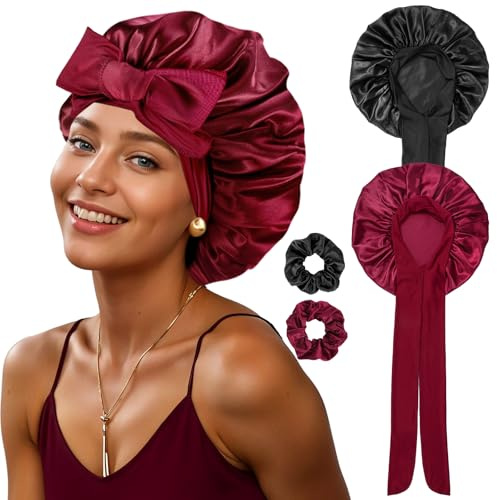 PAEFIU 2 Stück Seidenhaube zum Schlafen, Weiche Satin Haarhaube mit 2 Scrunchies Schlafhaube Bonnet Sleep Cap Schlafmütze für Damen Mädchen