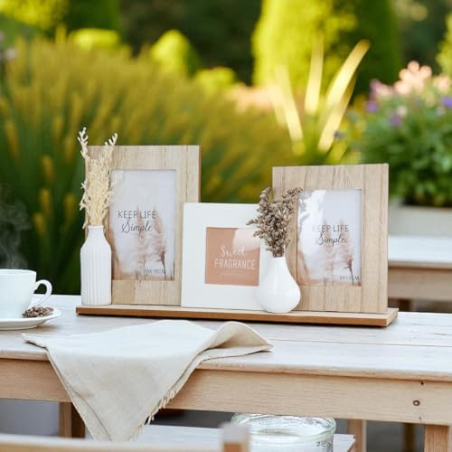 CULT at home Bilderrahmen Collage weiß natur – Halb-Vasen mit Kunstgras – Tisch Bilderrahmen set verschiedene Größen Holz – auf Basis Gesamtlänge 39 cm – Format 10x15, 8x13, 8x8 cm 39 cm