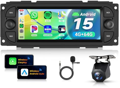 VECHTEL 4G+64G Android 15 Radio Coche para Jeep Grand Cherokee Wrangler/Chrysler Grand Voyager 300M PT Cruiser/Dodge RAM 1500 2500, 6.86'' con Carplay Android Auto GPS Wi-Fi Bluetooth FM RDS Cámara