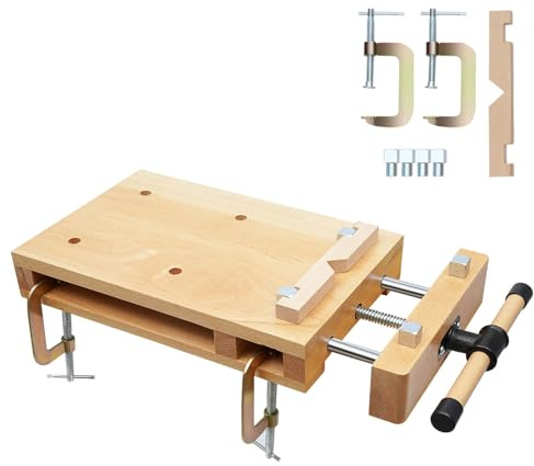 Tragbare Hobelbank, Mini Werkbank mit Schraubstock, Verstellbarer Griff, Mobil Holz Schraubstock Workbench, Werktisch aus Buchenholz für Klemmen und Hobeln, 47x28x7 cm