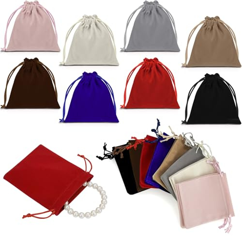 Leyrens 24 stück Samtbeutel Schmuckbeutel, 10x12 cm Geschenkbeutel mit Kordelzug, Weicher, beflockter Stoff, für Schmuck Armbändern Ringe Hochzeit Geburtstag Weihnachten Geschenk (8 Farben)