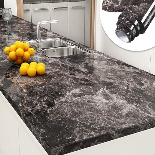Yenhome Marmor Schwarz Braun Selbstklebende Tapete 40x300cm Klebefolie Möbel Schwarz Marmor Glitzer für Tisch Schrank Möbelfolie Küche Selbstklebend Arbeitsplatte Glanz Möbelfolie Küchenfronten
