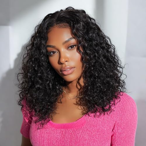 Water Wave Bob Wig 100% Brazilian Virgin Human Hair Glueless Wig 4x4 Lace Closure Wear-and-Go Curly Wig Pre-Cut Lace No Glue Needed 16 Inch Natural Black