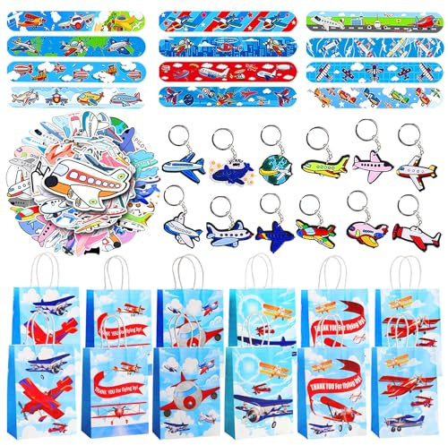 86 Stück Flugzeug-Partygeschenke Mitgebsel Set,Flugzeuge Party Supplies Dekorationen,12 Geschenktüten,12 Flugzeug-Schlüsselanhänger,12 Schlagarmbänder,50 Aufkleber für Kindergeburtstag Jungen Mädchen
