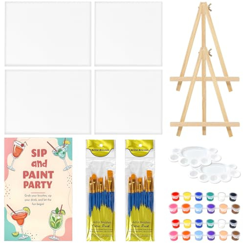 Sip and Paint Kit for Adults, Couples Canvas Painting Set for Date Night, Paint Your Partner Kit with 4 Canvases, 2 Wooden Easels, Paints, Brushes, Palettes and Poster for Party Family Activity