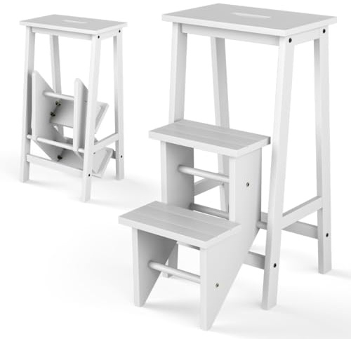 Escabeau Pliant 3 Niveaux 57 x 41 x 76 cm Espace optimisé Multifonction Vintage en Bois d'hévéa Blanc 20_0020150