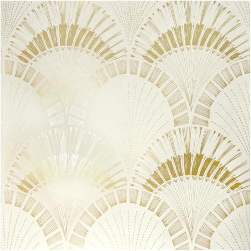 Full Roll Cream and Gold Art Deco Wallpaper Classic Metallic Fan Shell Pattern Luxury Geometric Design Glamorous Feature Wall Covering for Living Room Bedroom Hallway